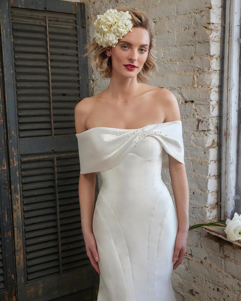 123246 fitted satin wedding dress with overskirt and strapless neckline4